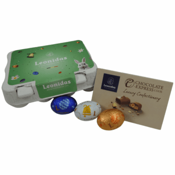 a closed carton of mini eggs filled with foil wrapped leonidas mini eggs