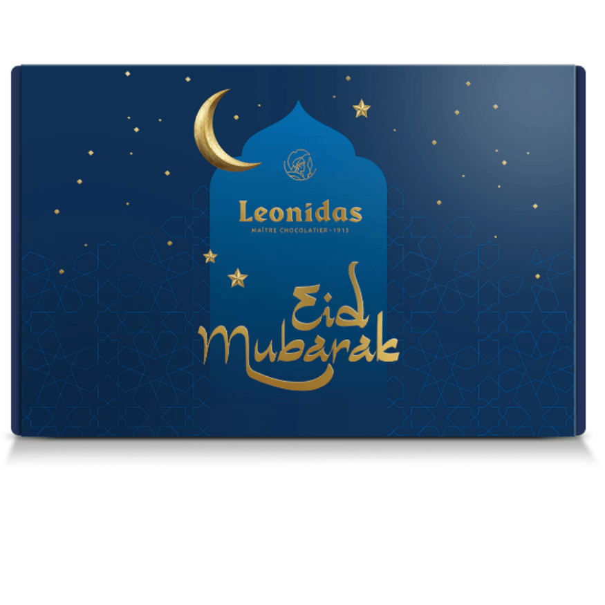 A large Leonidas premium Eid box of chocolates in blue.