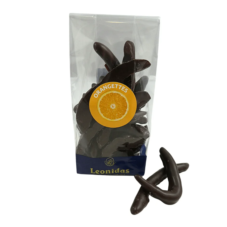 a leonidas bag of orange peel coated in dark chocolate