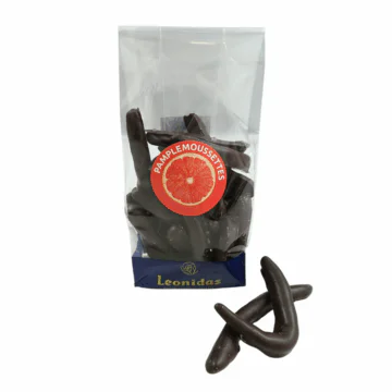 clear leonidas bag of grapefruit peel wrapped in dark chocolate