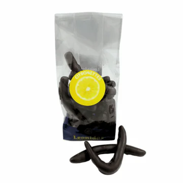 clear bag of leonidas lemon peel wrapped in dark chocolate