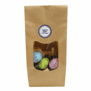 a brown bag of low in sugar wrapped mini eggs