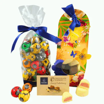 a bagf of summer fruit chocolates and a bag of chocolate footballs