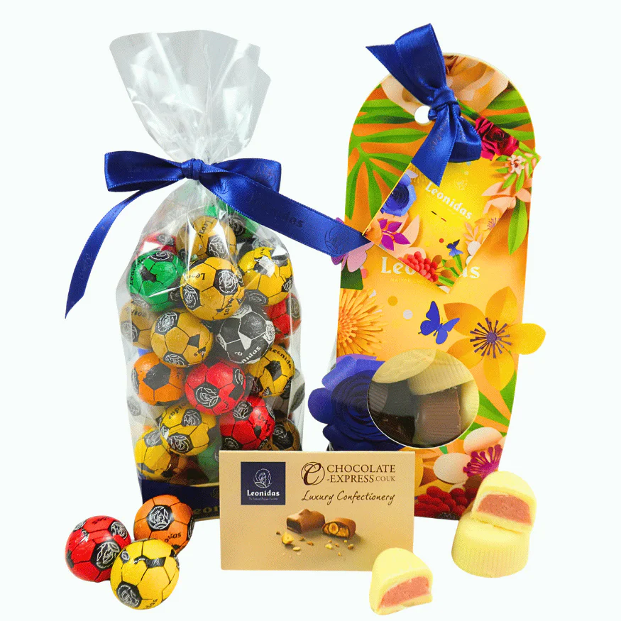 a bagf of summer fruit chocolates and a bag of chocolate footballs