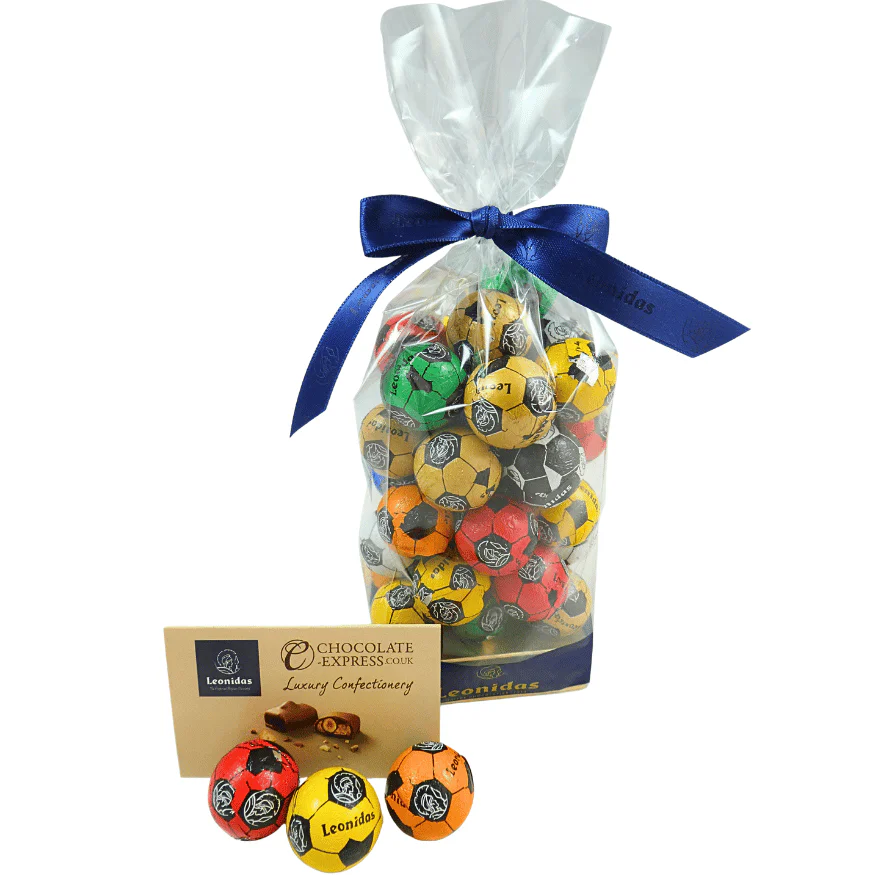 a bag of foil flavoured leonidas balls wrapped as footballs