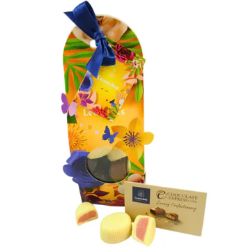 a bag of leonidas cream fruit centered chocolates with a colourful wrap