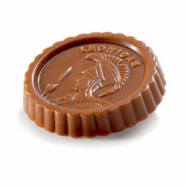 chocolate Leonidas coin with the crest logo on top for the choose your own section.