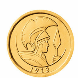 chocolate coin wrapped in a gold foil wrapper with the leonidas logo on it.