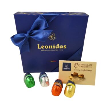 blue leonidas gift box with wrapped liquor chocolates