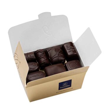 gold leonidas box filled with dark chocolates