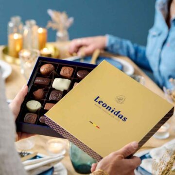 open square leonidas gift box filled with chocolates