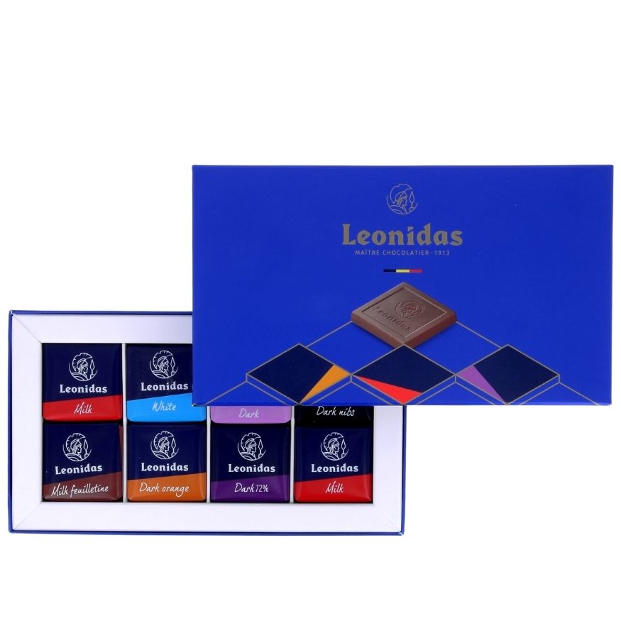 Blue box of wrapped square napolitan chocolates