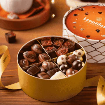 white round box of autumn chocolates