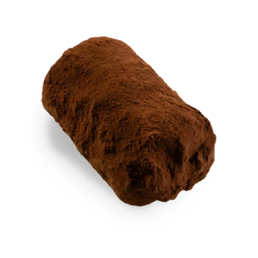 close up image of a leonidas dark chocolate powder truffle