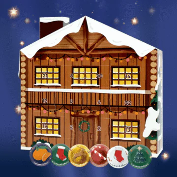 ski chalet advent calender with chocolate balls