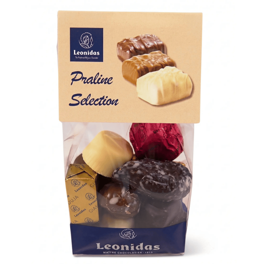 Praline taster bag clear leonidas branded bag with a selection if pralines