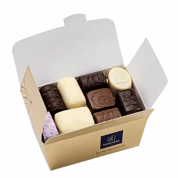 small leonidas ballotin open with assorted chocolates